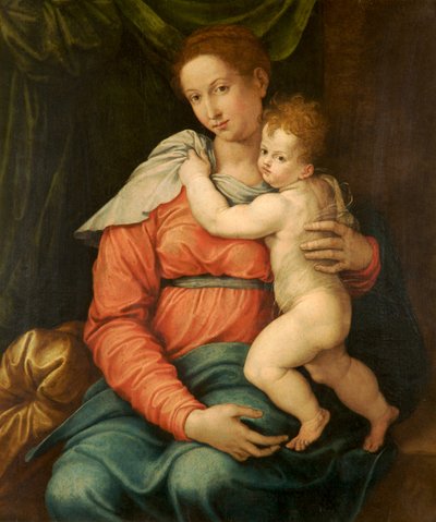 在绿色帷幕前的维尔京和孩子 作者 Girolamo Siciolante da Sermoneta